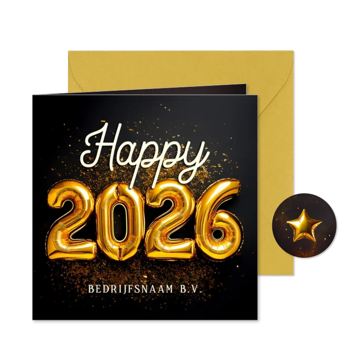 Nieuwjaarskaart happy 2026 folieballonnen goud 