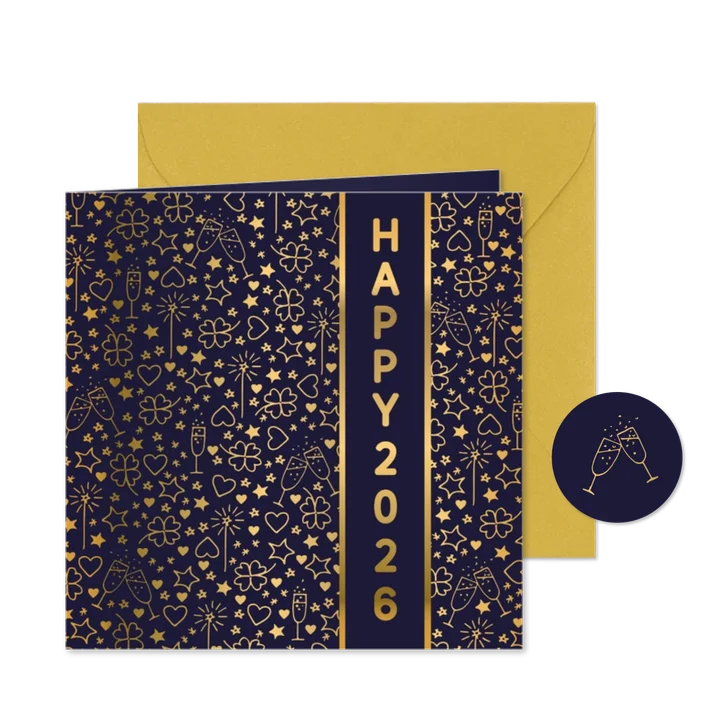 Nieuwjaarskaart happy 2026 illustraties goudlook
