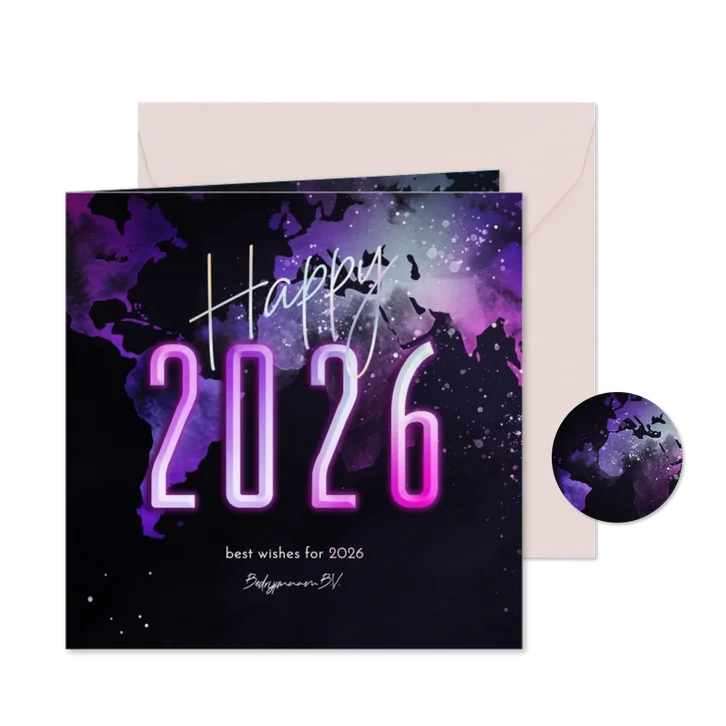 Nieuwjaarskaart happy 2026 wereldkaart in neonkleuren