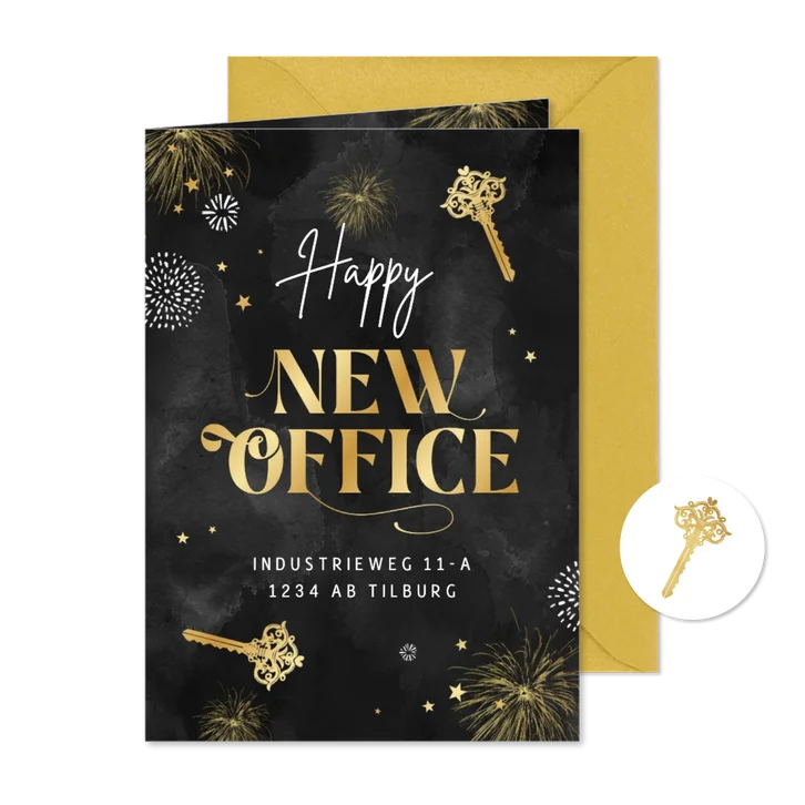 Nieuwjaarskaart happy new office sterren zwart goud