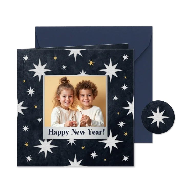 Nieuwjaarskaart happy new year foto sterren goud donkerblauw