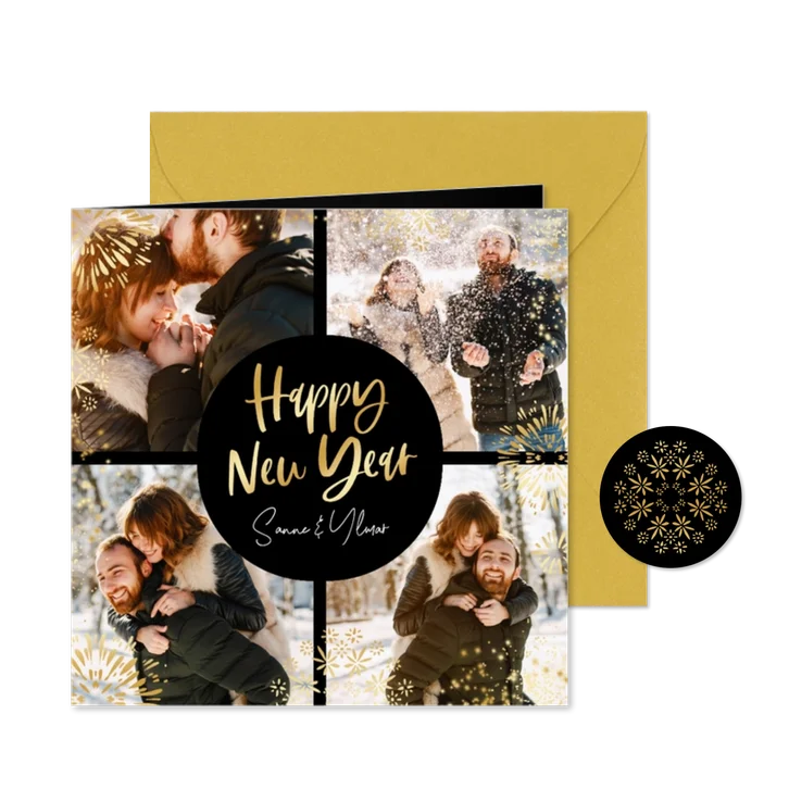 Nieuwjaarskaart happy new year fotokaart vuurwerk goud