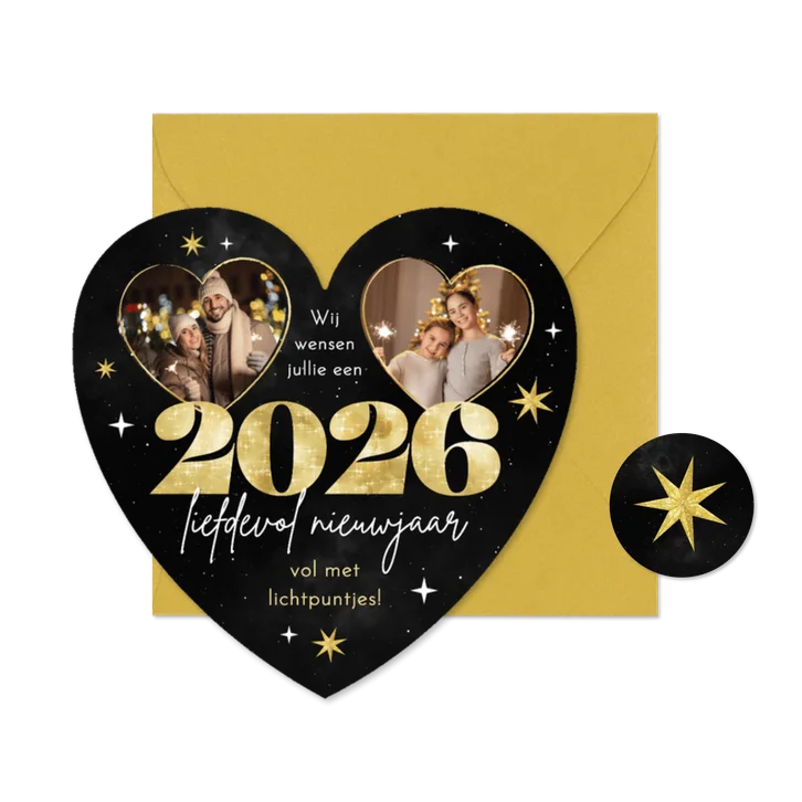 Nieuwjaarskaart hartvorm sterren vuurwerk foto goud 2026