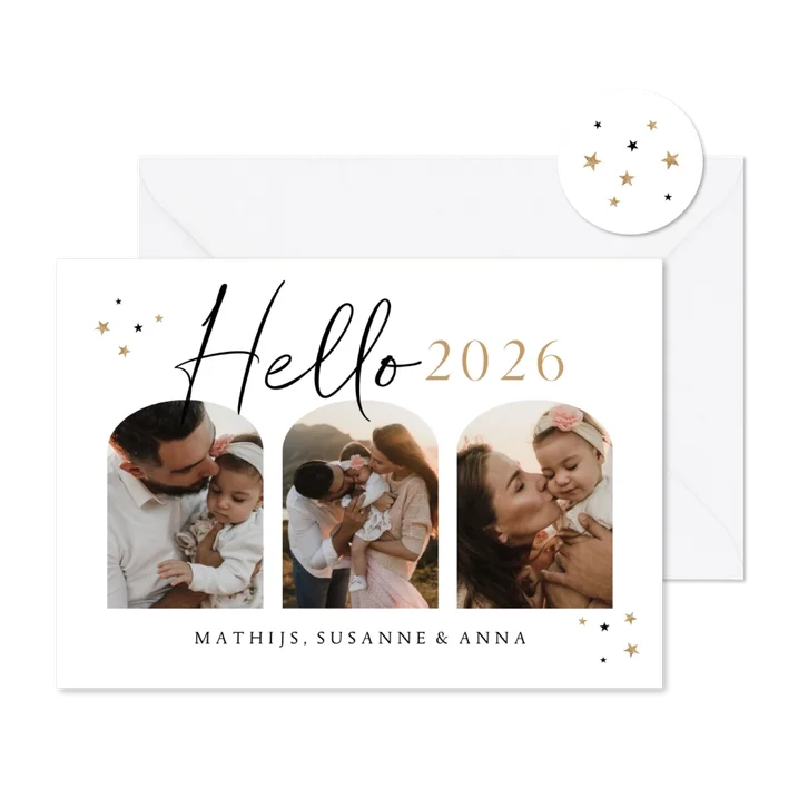 Nieuwjaarskaart hello 2026 stijlvol foto's sterren goud hip