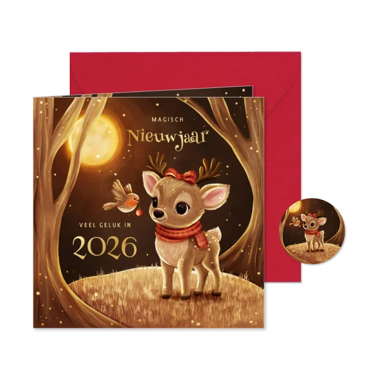 Nieuwjaarskaart hert met roodborstje in sprankelend bos