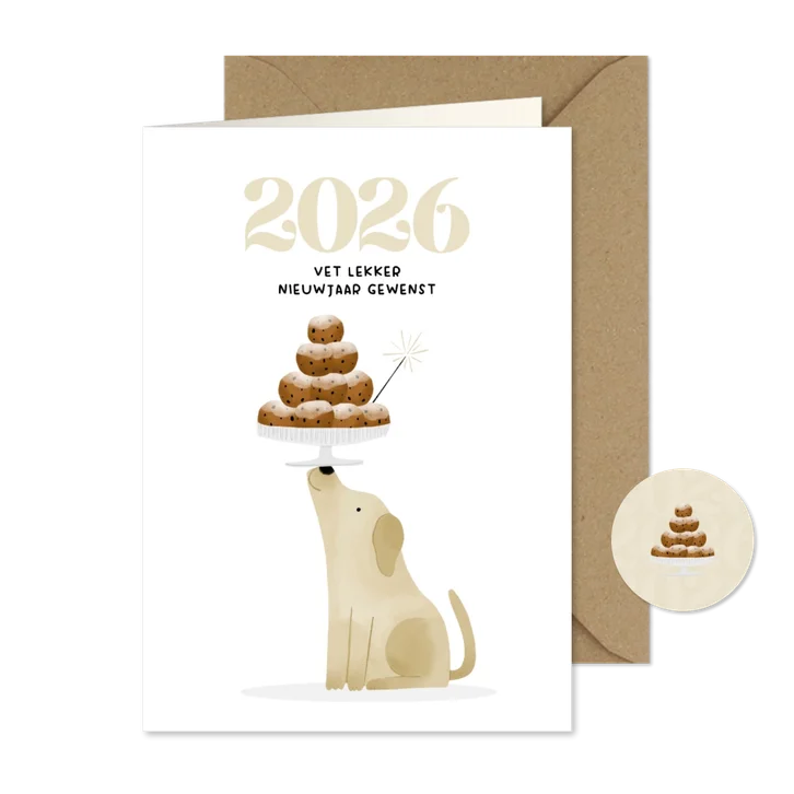 Nieuwjaarskaart hondje met oliebollen en jaartal 2026