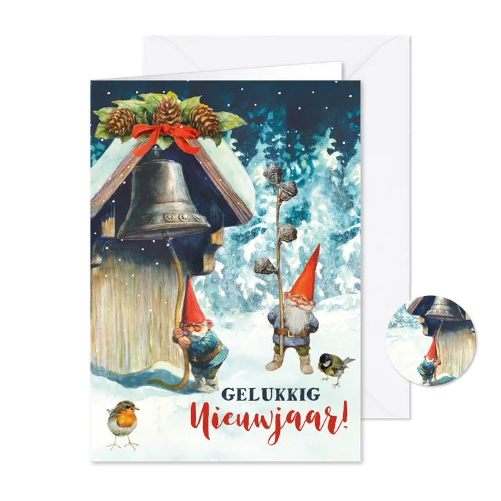 Nieuwjaarskaart kabouter luidt de klok