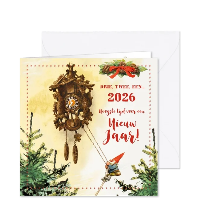 Nieuwjaarskaart kabouter luidt het nieuwe jaar koekoeksklok