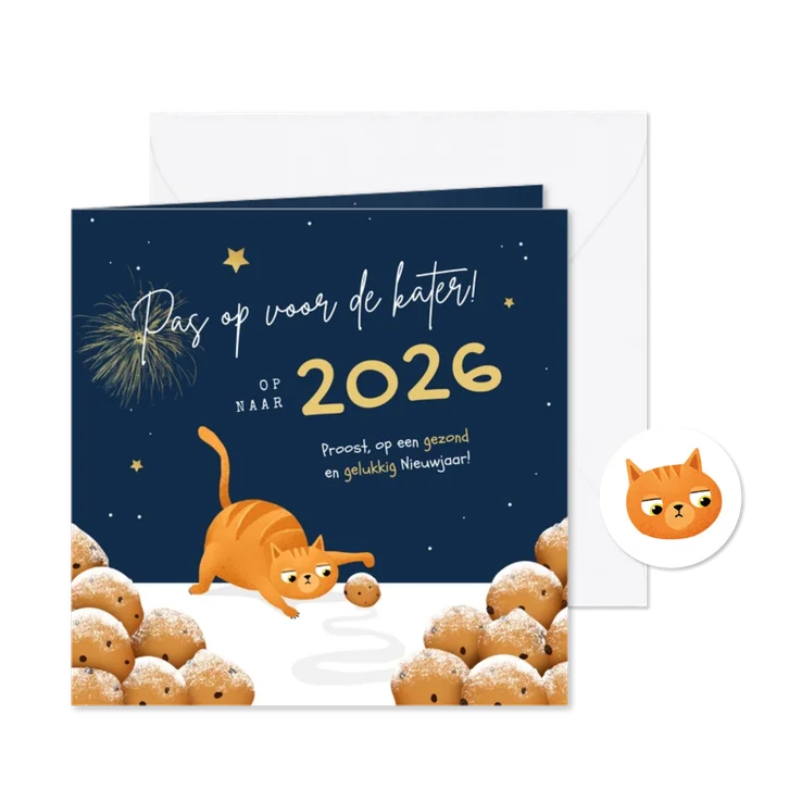 Nieuwjaarskaart kat oliebollen grappig 2026 kater sterren