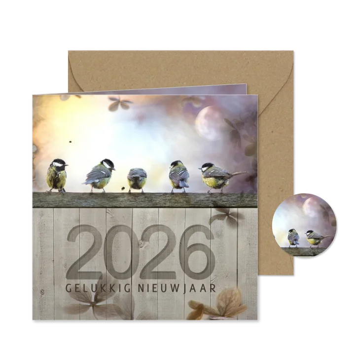 Nieuwjaarskaart koolmezen op houten schutting met maantje