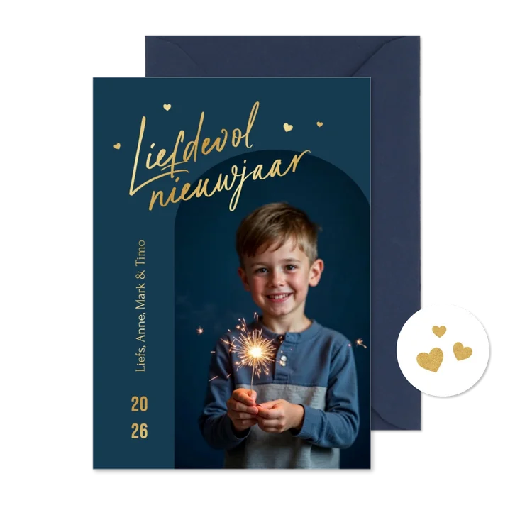 Nieuwjaarskaart liefdevol nieuwjaar foto hartjes goud