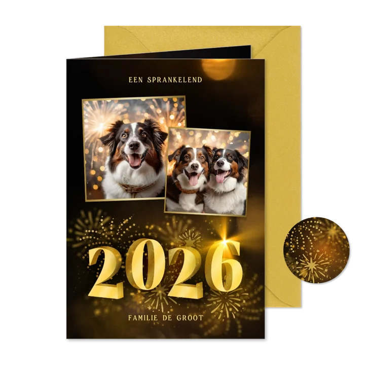 Nieuwjaarskaart met 2026 3D met 2 foto's en vuurwerk