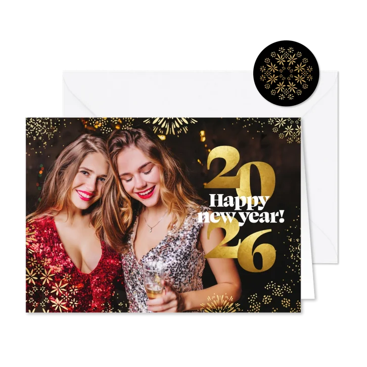 Nieuwjaarskaart met foto gouden vuurwerk 2026 cijfers