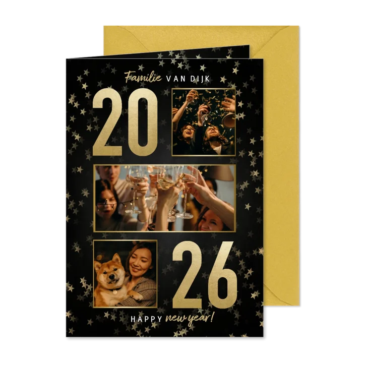 Nieuwjaarskaart met gouden 2026 sterren en fotocollage