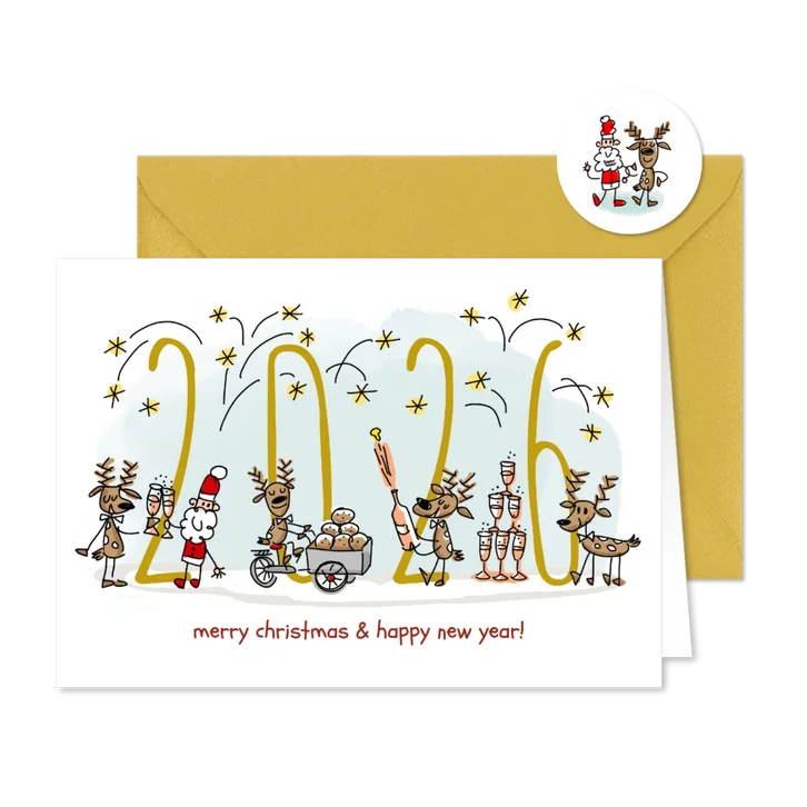 Nieuwjaarskaart met herten kerstman champagne en vuurwerk