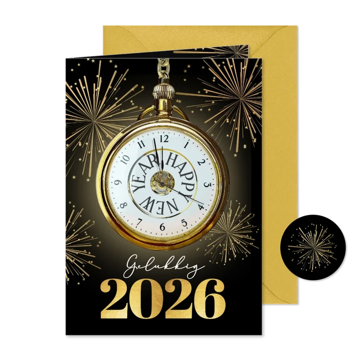 Nieuwjaarskaart met klassieke aftel klok en vuurwerk