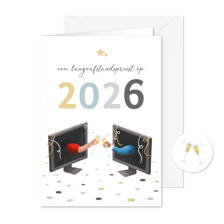 Nieuwjaarskaart met lange-afstands-proost op 2026