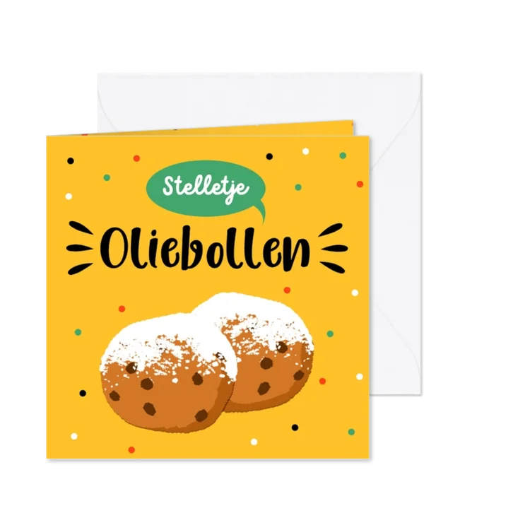 Nieuwjaarskaart met oliebol en confetti met gele achtergrond