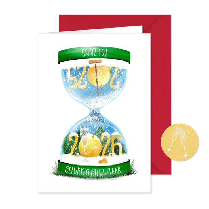 Nieuwjaarskaart met zandloper 2025-2026