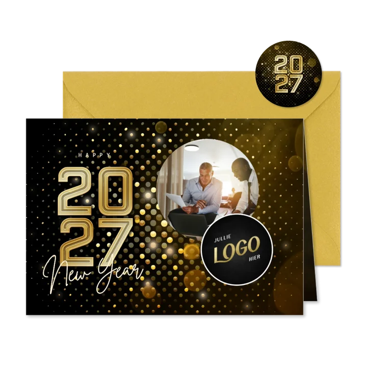 Nieuwjaarskaart modern futuristisch 2027 goud met foto