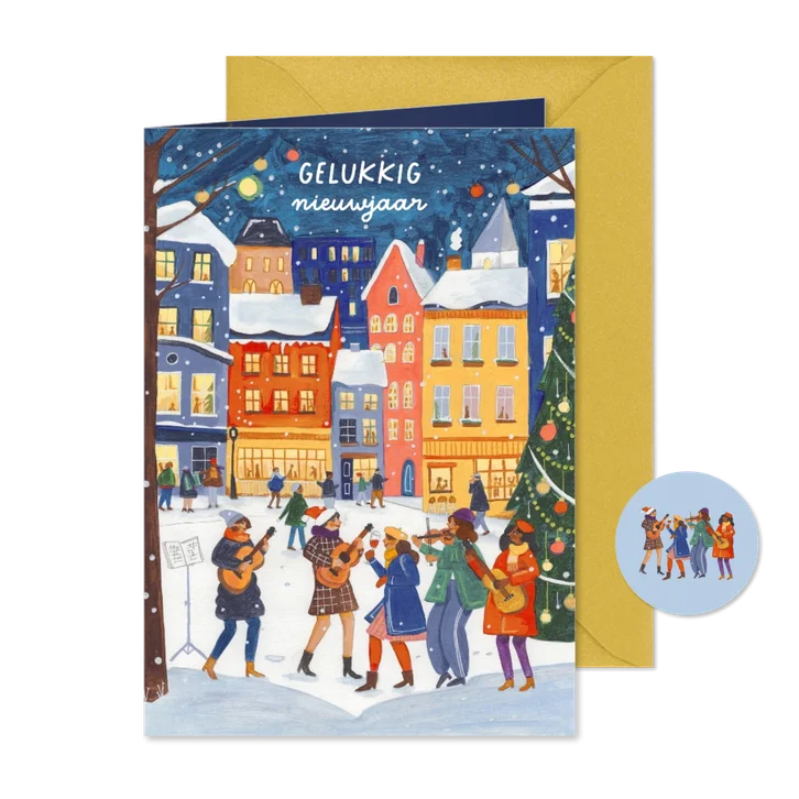 Nieuwjaarskaart muziek in de stad in de sneeuw
