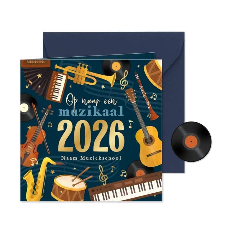 Nieuwjaarskaart muzikaal 2026 instrumenten fijne feestdagen