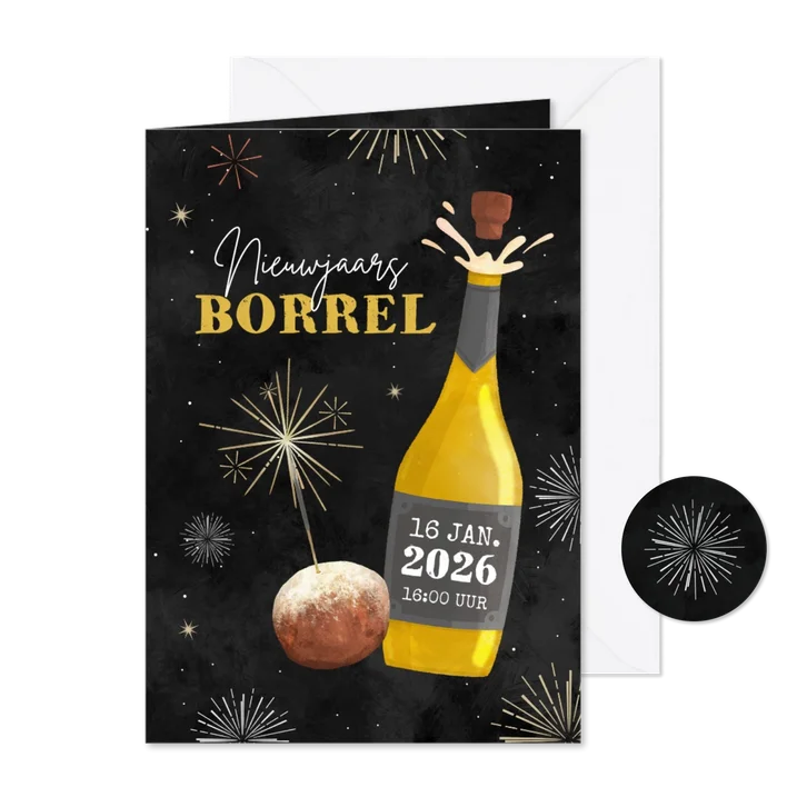 Nieuwjaarskaart nieuwjaarsborrel zakelijk champagne oliebol