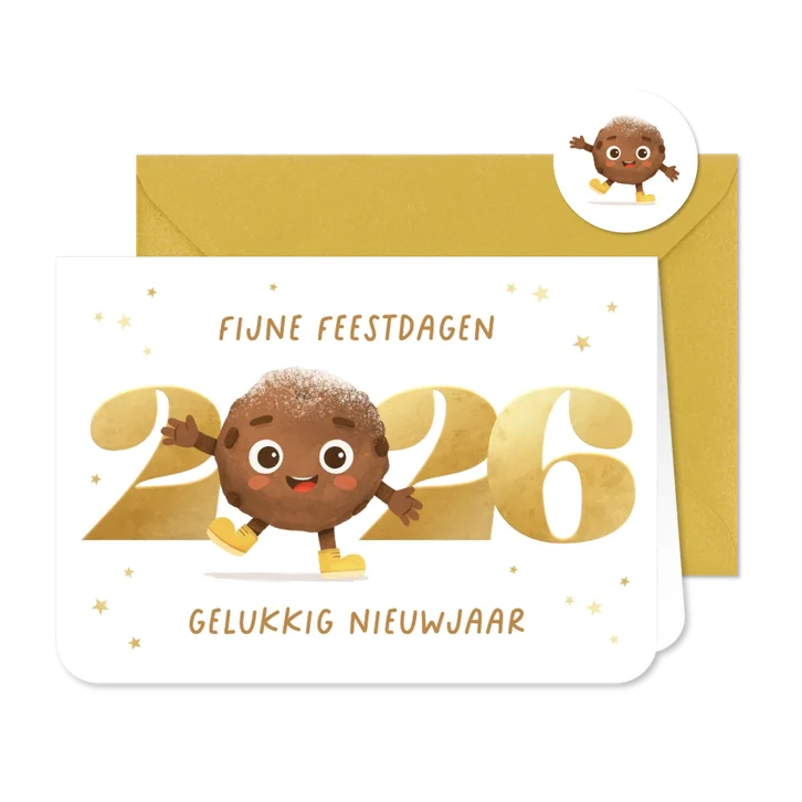 Nieuwjaarskaart oliebol 2027 goud sterren grappig