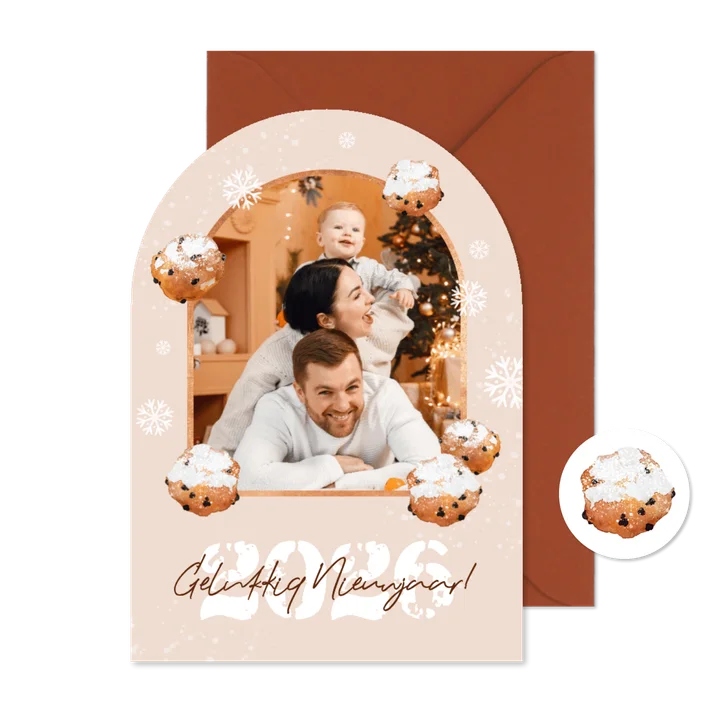 Nieuwjaarskaart oliebollen boogvorm sneeuw foto