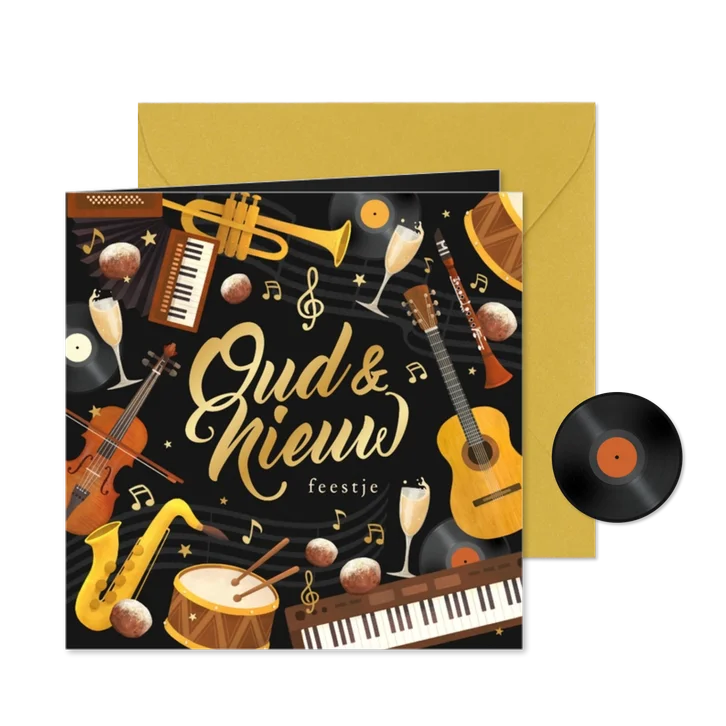 Nieuwjaarskaart oud en nieuw feestje muziekinstrumenten goud