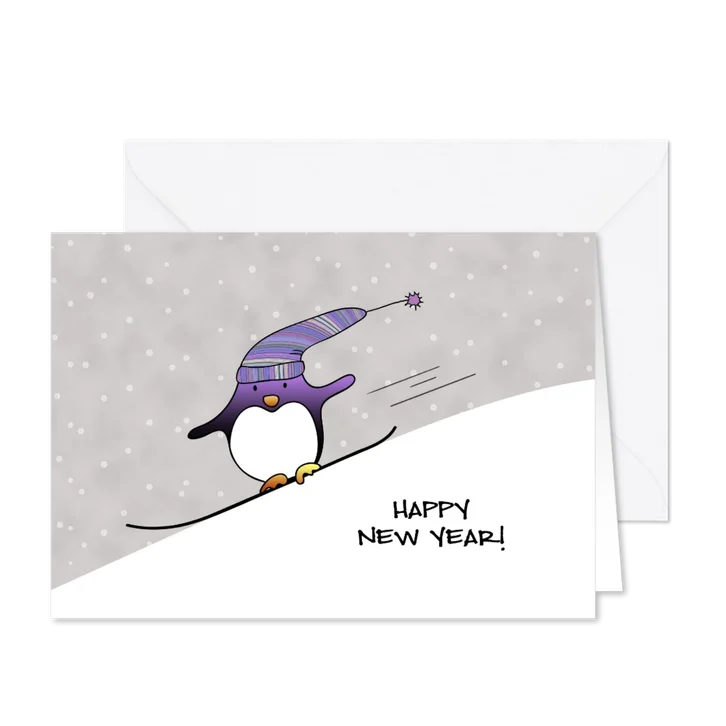 Nieuwjaarskaart pinguin op snowboard happy New Year