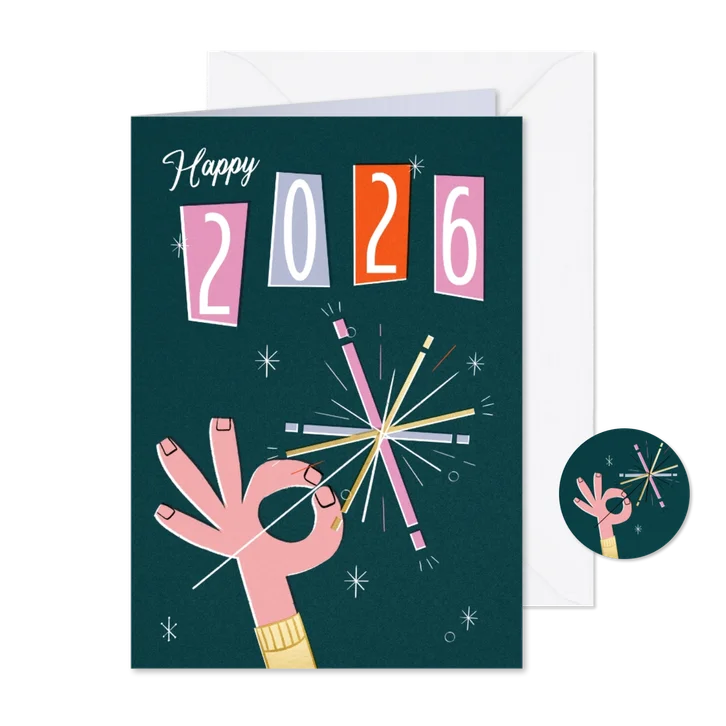 Nieuwjaarskaart retro sterretje vuurwerk 2026