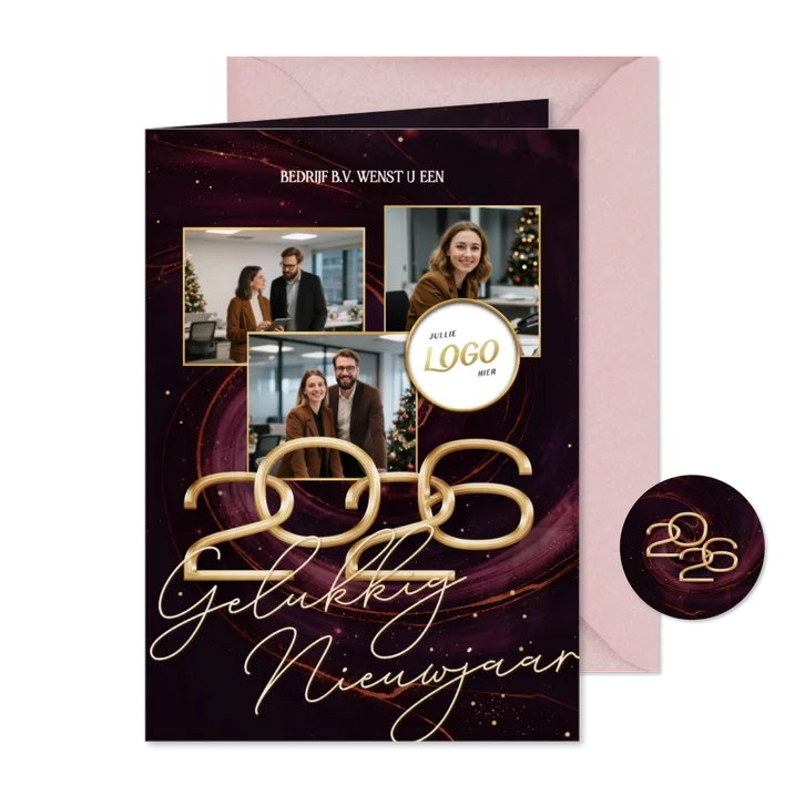 Nieuwjaarskaart rode marmer swirl zakelijk fotocollage 2026