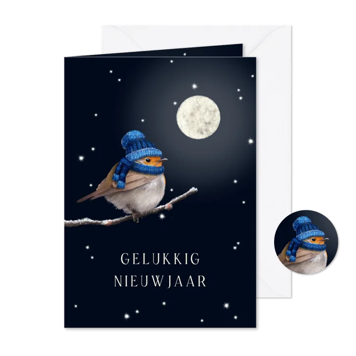 Nieuwjaarskaart roodborst volle maan