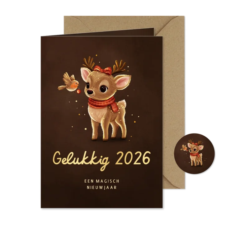 Nieuwjaarskaart sprankelend hert met roodborstje 