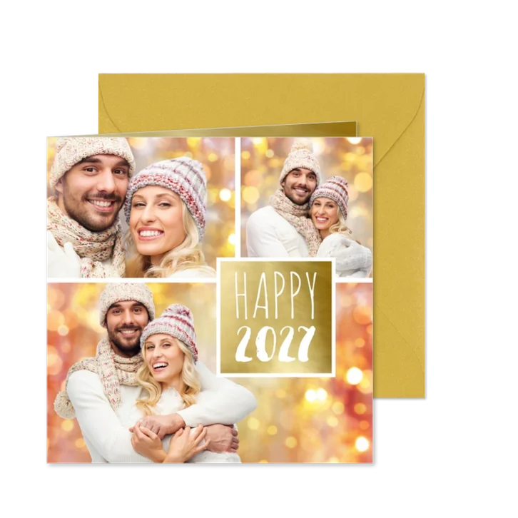 Nieuwjaarskaart trendy fotocollage goud