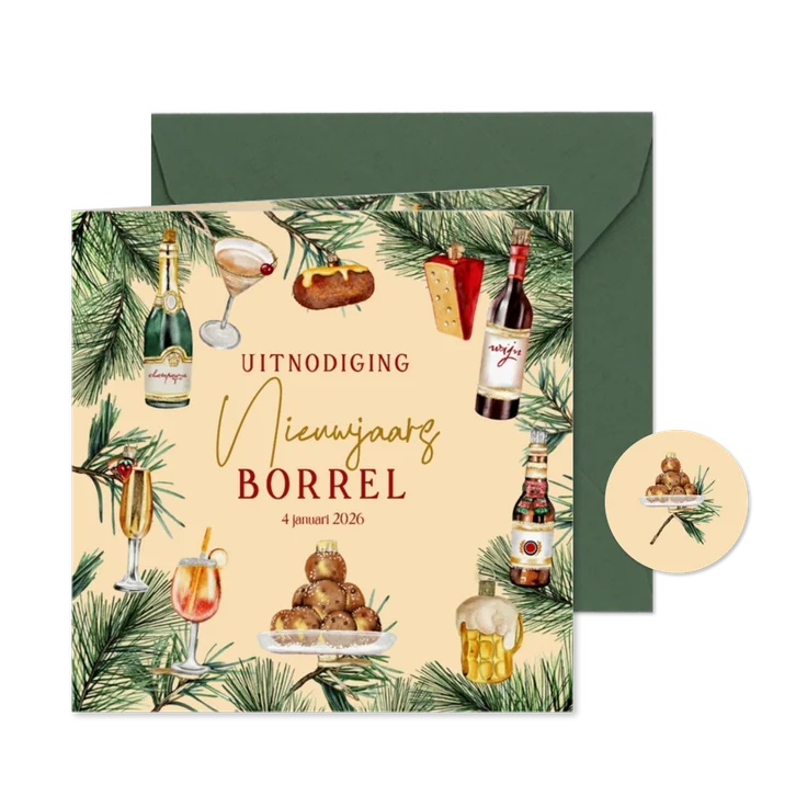 Nieuwjaarskaart uitnodiging ornamenten drank en hapjes