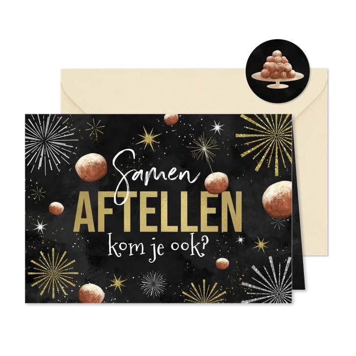 Nieuwjaarskaart uitnodiging oudejaarsavond vuurwerk oliebol