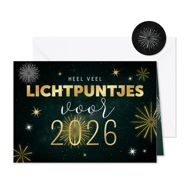 Nieuwjaarskaart veel lichtpuntjes in 2026 vuurwerk goud