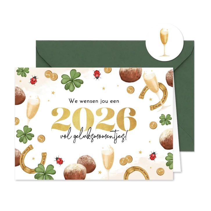 Nieuwjaarskaart vol gelukssymbolen vrolijk illustraties