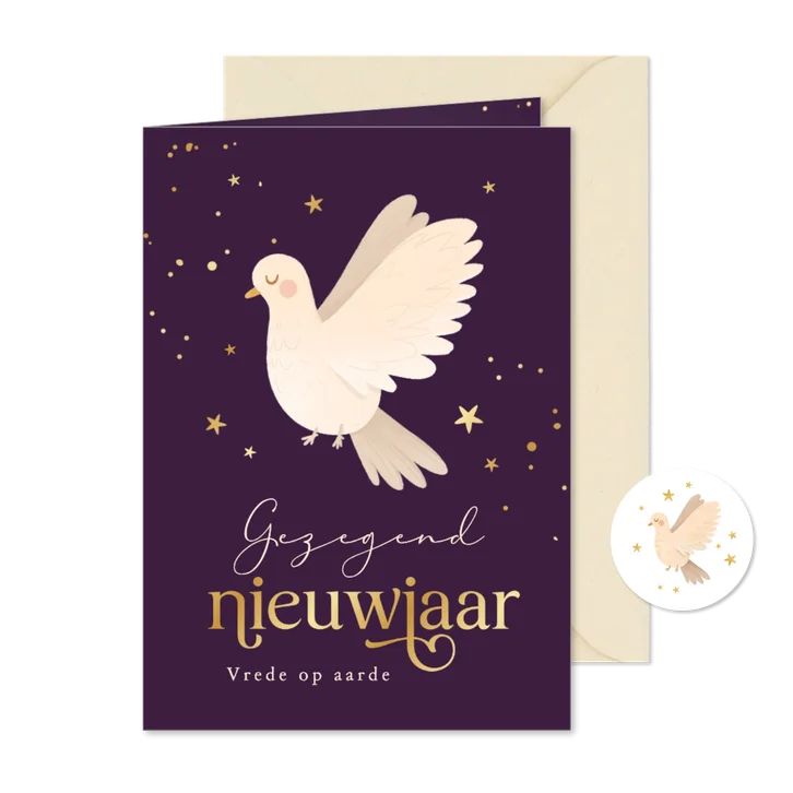 Nieuwjaarskaart vredesduif liefde sterren gezegend nieuwjaar