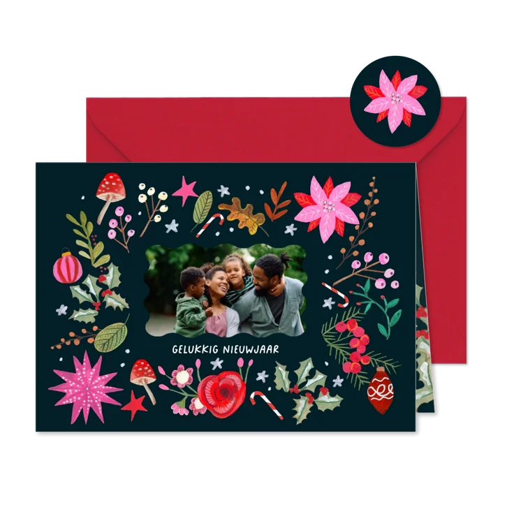 Nieuwjaarskaart vrolijke bloemen modern roze