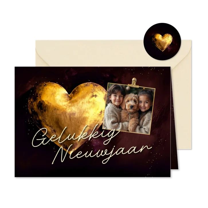 Nieuwjaarskaart waterverf foto gouden hart rood