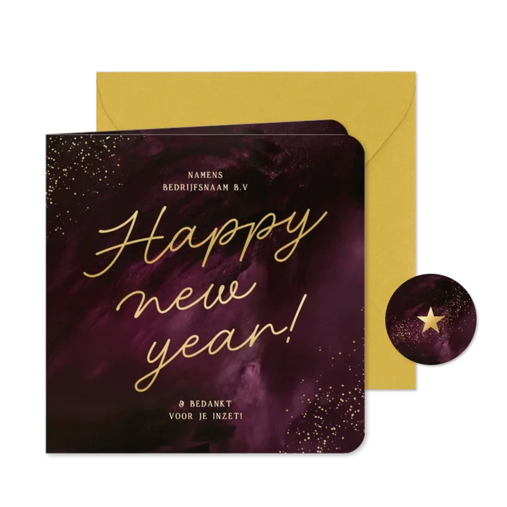 Nieuwjaarskaart zakelijk paars happy new year goud spetters