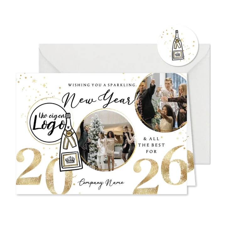 Nieuwjaarskaart zakelijk sparkling new year champagne goud