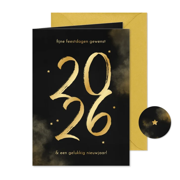Nieuwjaarskaartje 2026 goud met sterretjes en waterverf