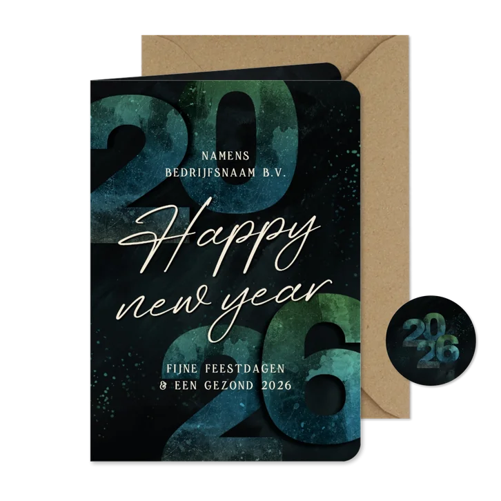 Nieuwjaarskaartje 2026 groen blauw happy new year