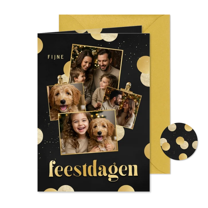 Nieuwjaarskaartje fijne feestdagen goud confetti fotocollage
