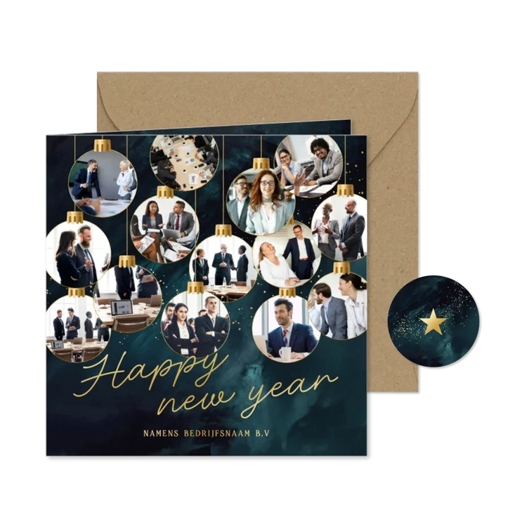 Nieuwjaarskaartje fotocollage kerstbal happy new year