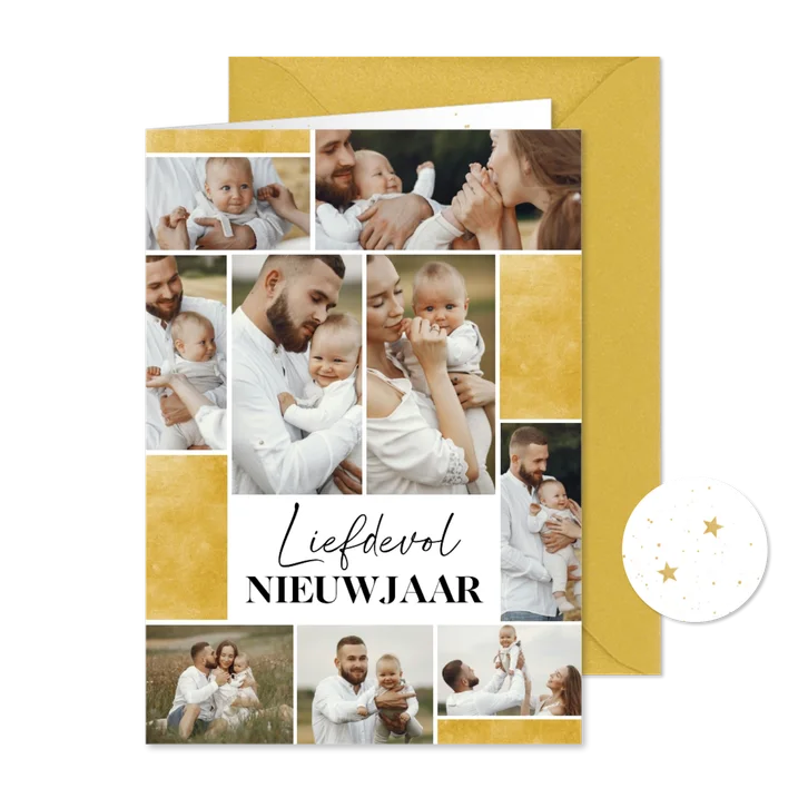 Nieuwjaarskaartje fotocollage liefdevol nieuwjaar goud